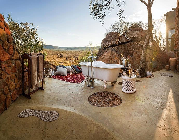A honeymoon setting in the wild with a view of wildlife.