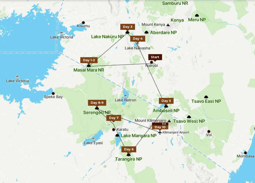 http://Tour%20map%20of%20a%2010-Day%20Kenya%20and%20Tanzania%20Safari