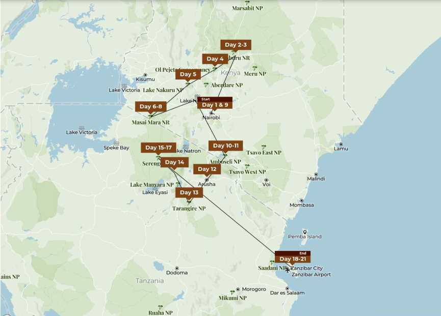 http://Tour%20map%20of%20a%2021-Day%20Kenya%20and%20Tanzania%20Safari
