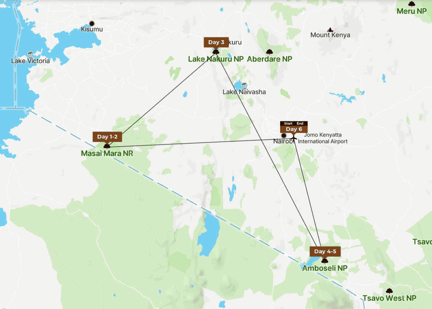 Tour map of Kenya Family Safari