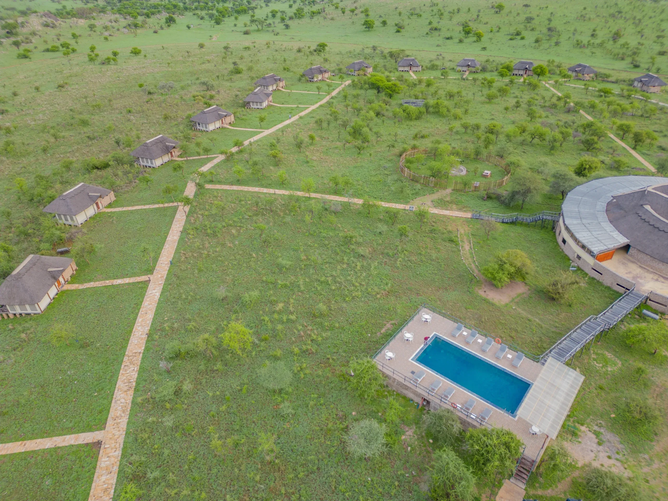 Aerial view of the tents and the lodge at Serengeti Safari Lodge