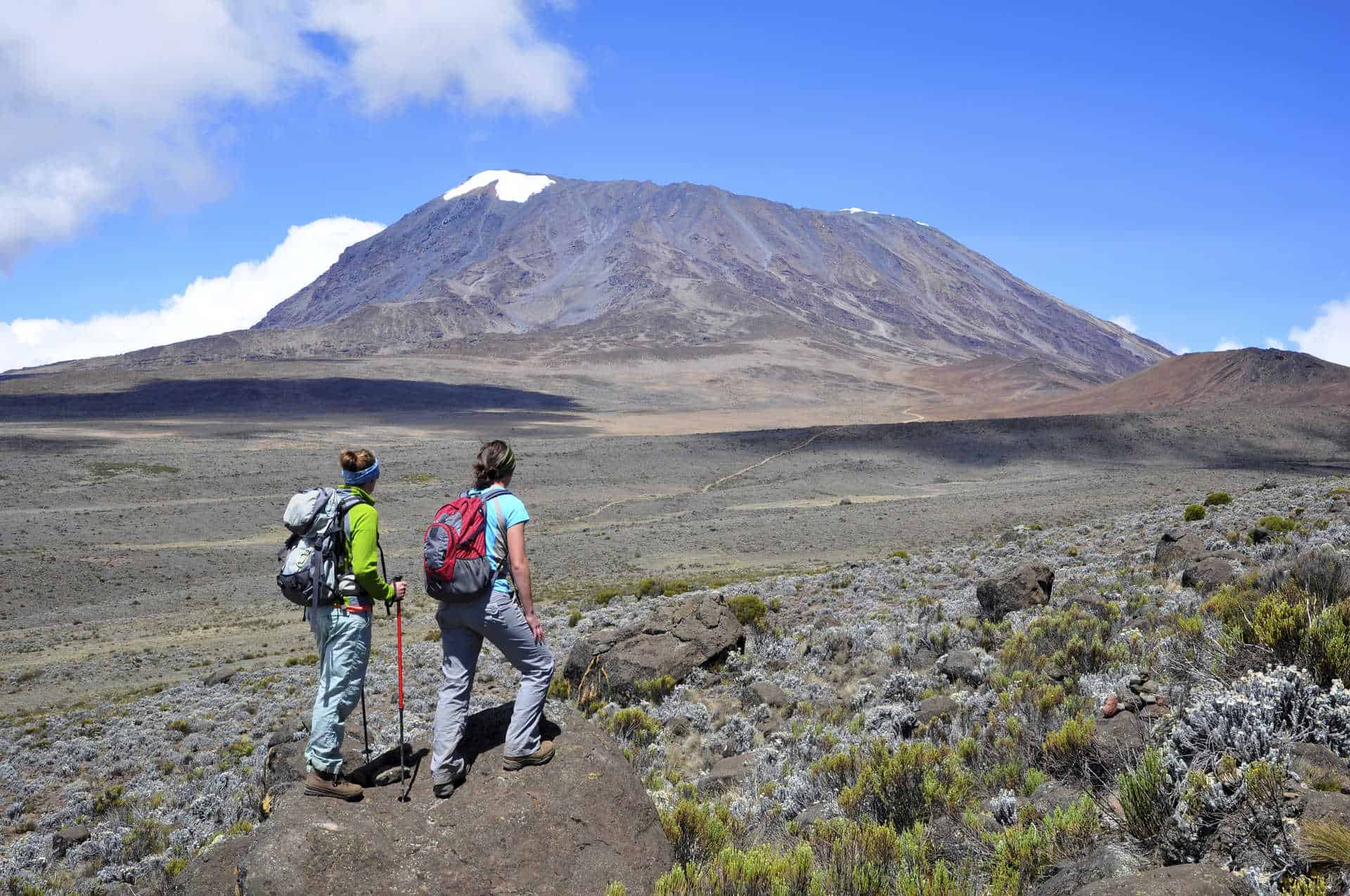 2 hikers looking at the snowcapped peak of mount kilimanjaro