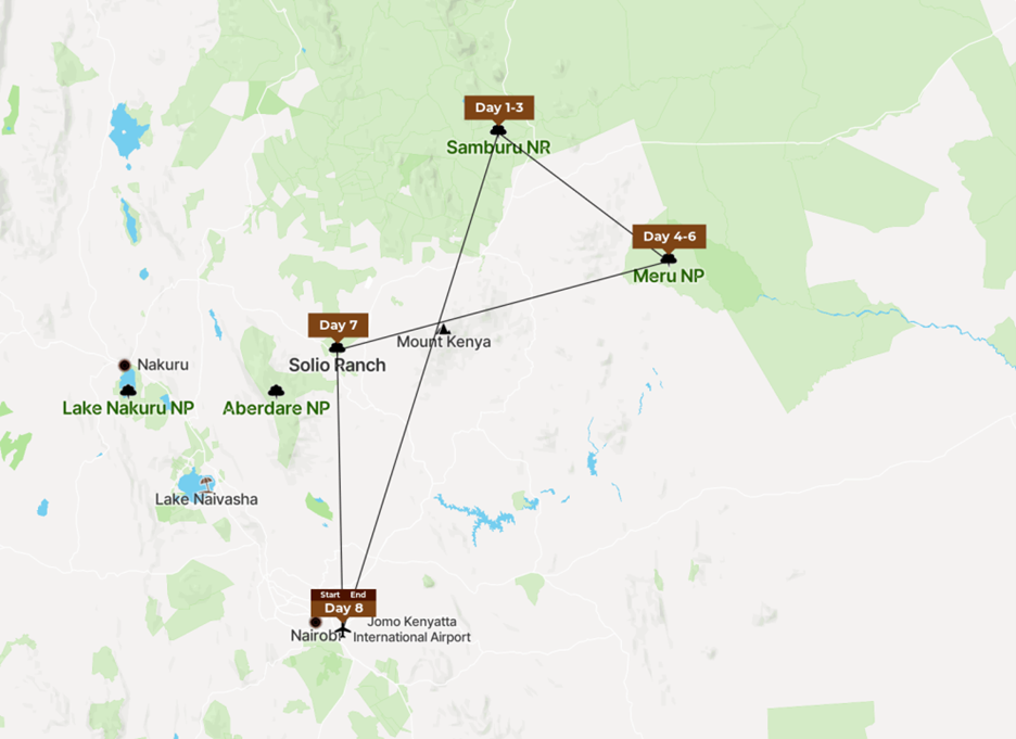 Tour map of the Spanish Big Five Safari